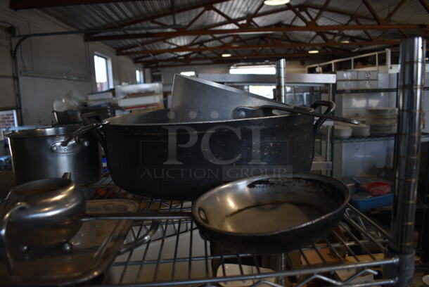 ALL ONE MONEY! Tier Lot of Various Items Including 3 China Cap Strainers, Round Metal Trays, Sauce Pan, Stock Pot, Skillet - Image 5 of 5