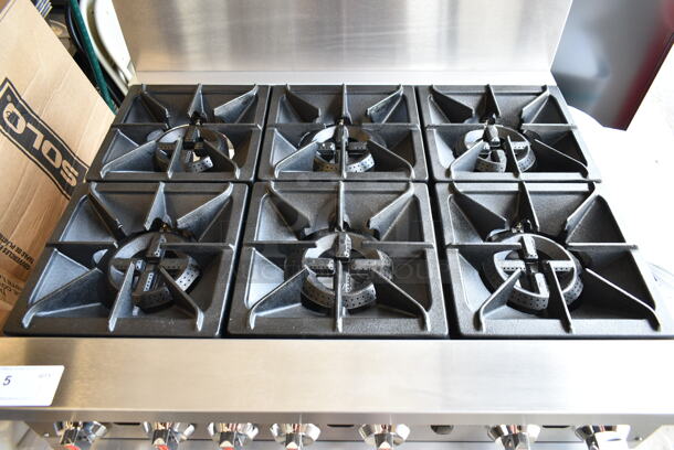 BRAND NEW SCRATCH AND DENT! Cooking Performance Group CPG 351CO36N Stainless Steel Commercial Combi Gas; Natural or Propane Gas Powered 6 Burner Range w/ Convection Oven, Over Shelf and Back Splash. 212,000 BTU.  - Image 4 of 7