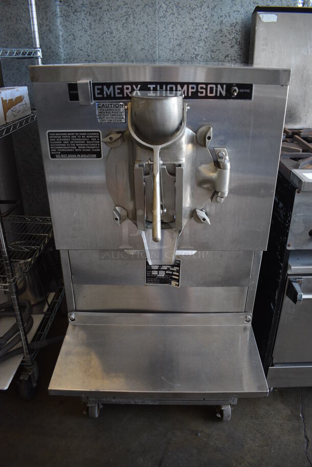 Electro Freeze Emery Thompson Model 20NW Stainless Steel Commercial Water Cooled Floor Style Batch Freezer on Commercial Casters. 220 Volts, 3 Phase. 24x40x54
