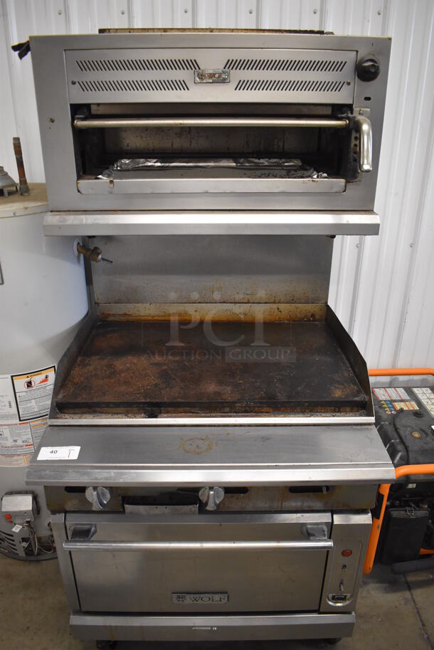 Wolf Stainless Steel Commercial Natural Gas Powered Flat Top Griddle w/ Salamander Cheese Melter, Convection Oven and Back Splash on Commercial Casters. 36x38x75