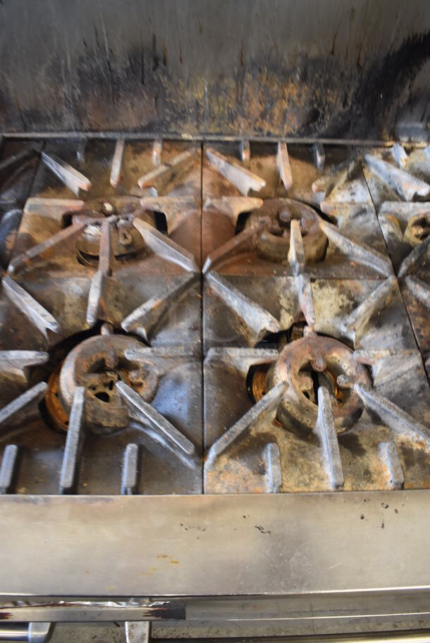 Garland SunFire Stainless Steel Commercial Natural Gas Powered 10 Burner Range w/ 2 Ovens, Over Shelf and Back Splash on Commercial Casters.  - Image 5 of 8