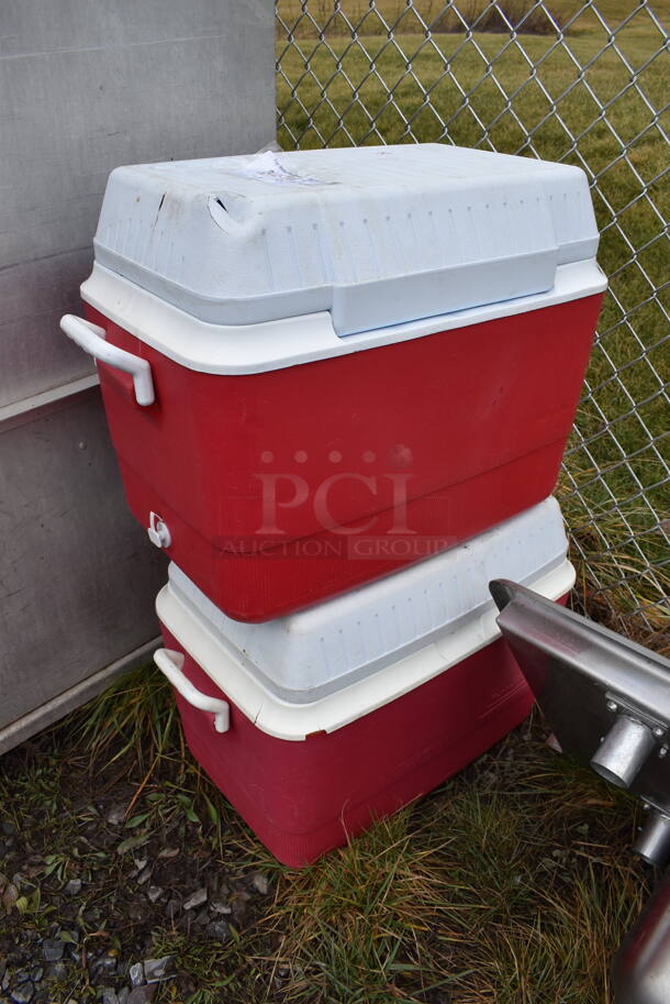 2 Rubbermaid Red and White Poly Portable Coolers. 24x15x18. 2 Times Your Bid!