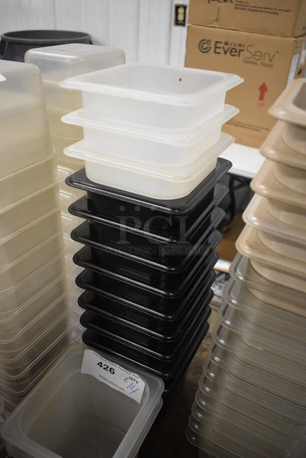 ALL ONE MONEY! Lot of 14 Poly 1/6 Size Drop In Bins; 9 Black and 5 Clear! 1/6x6.  - Image 2 of 3
