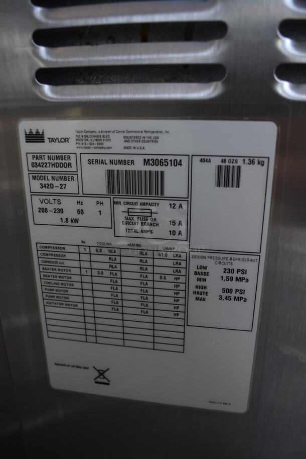 2013 Taylor 342D-27 Stainless Steel Commercial Floor Style Air Cooled 2 Flavor Frozen Beverage Machine w/ Drink Mixer Attachment on Commercial Casters. 208-230 Volts, 1 Phase. - Image 7 of 8