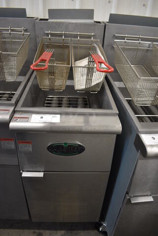 2021 Mainstreet Model FF400-P Stainless Steel Commercial Floor Style Propane Gas Powered 40 Pound Capacity Deep Fat Fryer w/ 2 Metal Fry Baskets. 120,000 BTU. 15.5x30x47
