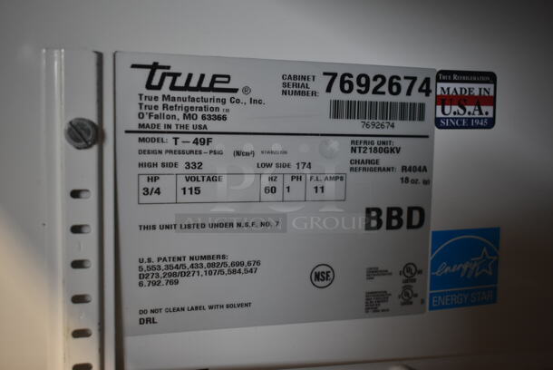 2013 True T-49F ENERGY STAR Stainless Steel Commercial 2 Door Reach In Freezer w/ Poly Coated Racks. 115 Volts, 1 Phase. Tested and Working! - Image 6 of 7