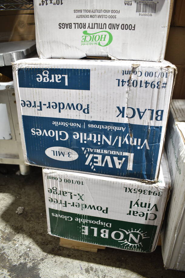 PALLET LOT of 40 BRAND NEW Boxes Including 3941034L Lavex Powder-Free Disposable Black Hybrid 3 Mil Thick Gloves - Large - 1000/Case, 394365XL Noble Products Powder-Free Disposable Clear Vinyl Gloves for Foodservice - Extra Large - 1000/Case, 2 Box 182RRF14 Choice 10" x 14" Plastic Food Bag On A Roll - 1000/Case, 100BTWINE Choice #24 Gauge Butcher Sausage Twine 2 lb. Spool, 1500050 Kari-Out Company 1/4 lb. Square Glassine Bag - 1000/Case, 500CC32P Choice Clear PET Plastic Cold Cup - 32 oz. - 500/Case, 395RP10 EcoChoice Compostable Sugarcane / Bagasse 10" Plate - 500/Case, 5002BNAPBLK Choice Black 2-Ply Customizable Beverage / Cocktail Napkin - 1000/Case, 2 Box 966UPWIDEKFT OneUp by Choice Kraft 2-Ply Wide Interfold 6 1/2" x 8 1/2" Dispenser Napkin - 6000/Case, 5001RT800B Lavex 8" White Hardwound Paper Towel, 800 Feet / Roll - 6/Case, 129MCR24B Choice 24 oz. Black Round Microwavable Heavy Weight Container with Lid 7 1/4" - 150/Case, 500TW7 Choice 7 oz. Translucent Thin Wall Plastic Cold Cup - 2500/Case, 347RPBD6WHSV Visions 6" White Plastic Plate with Silver Bands - 150/Case, 5001RTSELNAT Lavex Select 1-Ply Natural Kraft Paper Towel Roll, 665 Feet / Roll - 6/Case, 2 Box 795PTOBK3 Choice 7 3/4" x 5 1/2" x 2 1/2" Black Microwavable Folded Paper #3 Take-Out Container - 200/Case, 50010CAFE Choice 10 oz. Cafe Print Poly Paper Hot Cup - 1000/Case, 5008C Choice 8 oz. Tall Coffee Print Poly Paper Hot Cup - 1000/Case, 2 Box 130WHFORKX Choice White Extra Heavy Weight Plastic Fork - 1000/Case, 127CH64 Choice 64 oz. Clear RPET Hinged Deli Container - 200/Case. 40 Times Your Bid! - Image 2 of 12