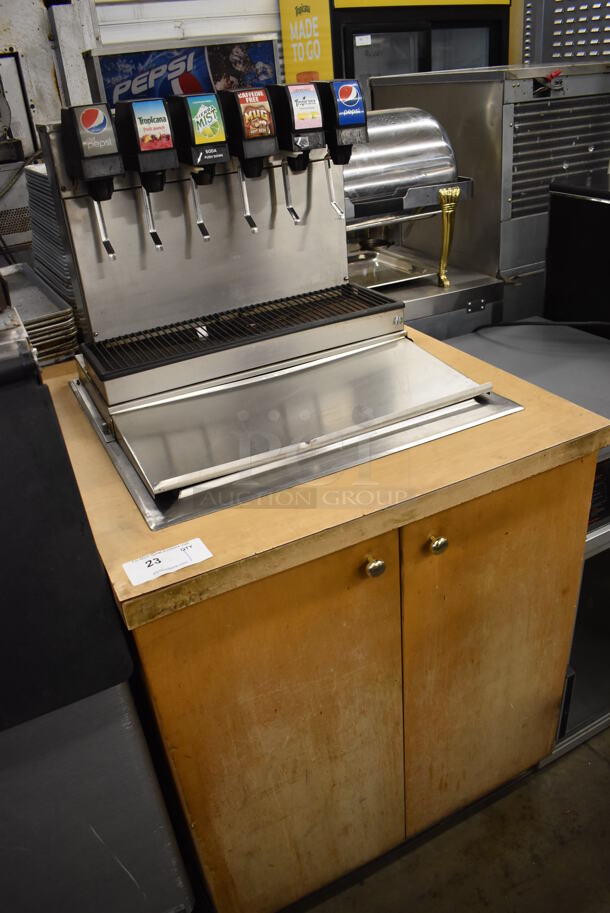 Stainless Steel Commercial 6 Flavor Carbonated Beverage Machine w/ Drop In Ice Bin on Wood Pattern Counter. 30.5x34x59 - Image 3 of 8