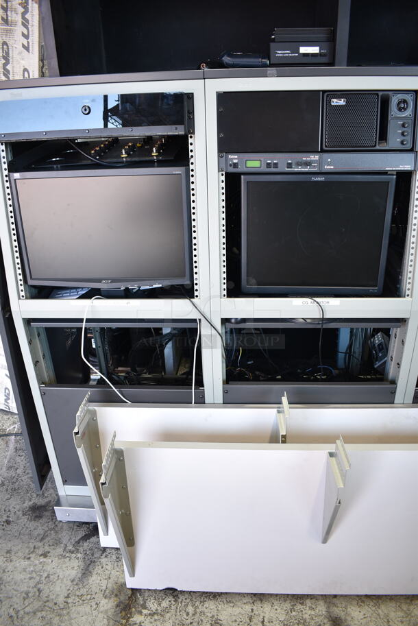 Television Production Station w/ Acer x193w Monitor, Planar PL1700 Monitor, 6 JVC TM-1011 Monitors, 2 JVC SR-DVM600 DVD/HDD/DVD Recorder, Pansonic AG-DV2500 Digital Video Recorder, JVC SR-MV45 VHS/DVD Recorder, Extron VSC500 Video Scan Converter, Extron DA2 RGBHV Wideband RGB Distribution Amplifier, 2 Panasonic AW-RC600 Remote Control Rack Units, Anchor Speaker, Tascam CD-RW900SL Slot Loading CD Recorder Rack Unit, Crown D-45 Power Amplifier Rack Unit, Clear Com MS-702 2 Channel Main Station Rack Unit, Drake VM2050 T Channel Video Modulator. - Image 5 of 12