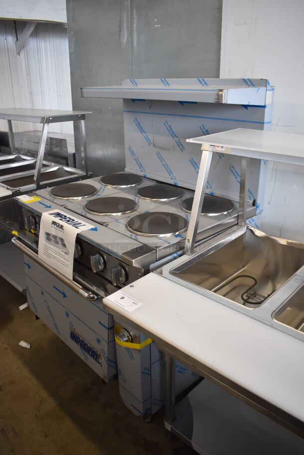 BRAND NEW SCRATCH AND DENT! Imperial Range Pro Series IR-6-E Stainless Steel Commercial Electric Powered 6 Round Plate Range w/ Oven, Over Shelf and Back Splash. 240 Volts, 3 Phase. - Image 3 of 10