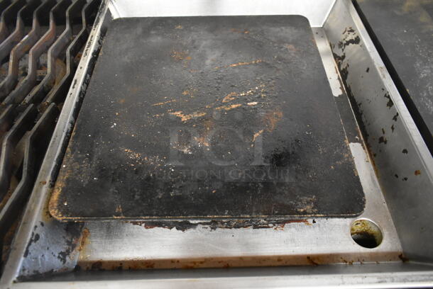 Jade Range JTRH-2-24IP Commercial Stainless Steel Heavy Duty Natural Gas Powered Range With Fry Top, Hot Top, Broiler, 2 Overshelves, And Box Of Additional Parts On Commercial Casters. - Image 5 of 8