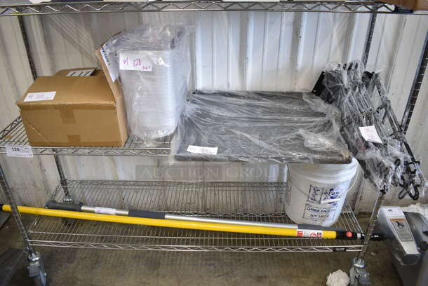 ALL ONE MONEY! Two Tier Lot of Various BRAND NEW SCRATCH AND DENT! Items Including 105RR17016 Point Plus 3" x 90' Carbonless 2-Ply Cash Register POS Paper Roll Tape - 50/Case, Poly Buckets, Metal Tray - Image 2 of 10