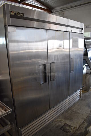True T-72 Stainless Steel Commercial 3 Door Reach In Cooler. 115 Volts, 1 Phase. 78x30x79. Cannot Test - Needs New Power Switch