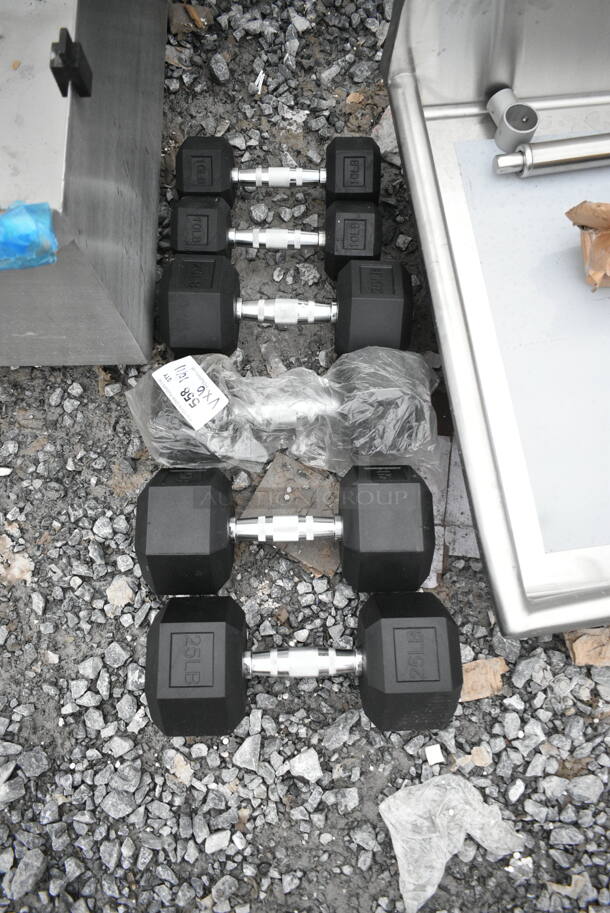 6 BRAND NEW SCRATCH AND DENT!  Hex Dumbbells; 2 10 Pound, 2 20 Pound, 2 25 Pound. 6 Times Your Bid!   - Image 1 of 7