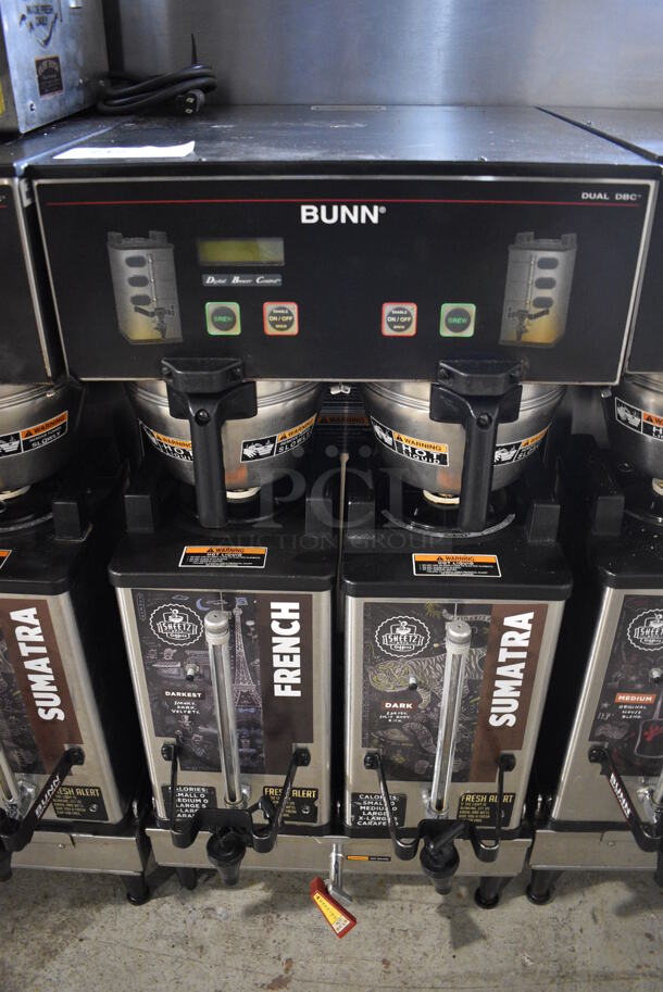 2014 Bunn Model DUAL SH DBC Stainless Steel Commercial Countertop Dual Coffee Machine w/ Hot Water Dispenser, 2 Stainless Steel Brew Baskets and 2 Bunn Model SH SERVER Satellite Servers. 120/208-240 Volts, 1 Phase. 18x24x36. Tested and Working!