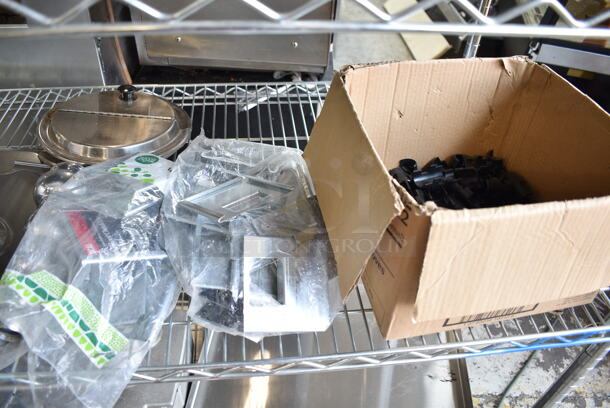 ALL ONE MONEY! Lot of 4 Tiers of Various Items Including Stainless Steel Drop In Bins, Pizza Screens, Stainless Steel Lids. Does Not Include Shelving Unit.  - Image 2 of 12