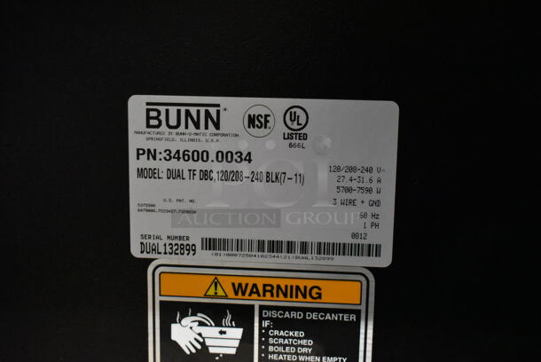 2012 Bunn DUAL TF DBC Metal Commercial Countertop Dual Coffee Machine w/ Hot Water Dispenser and 2 Metal Brew Baskets. 120/208-240 Volts, 1 Phase.  - Image 5 of 6