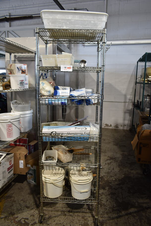 ALL ONE MONEY! Lot of Contents on 6 Tier Wire Shelving Unit Including Aluminum Foil and Poly Bins. Shelving Unit Not Included.