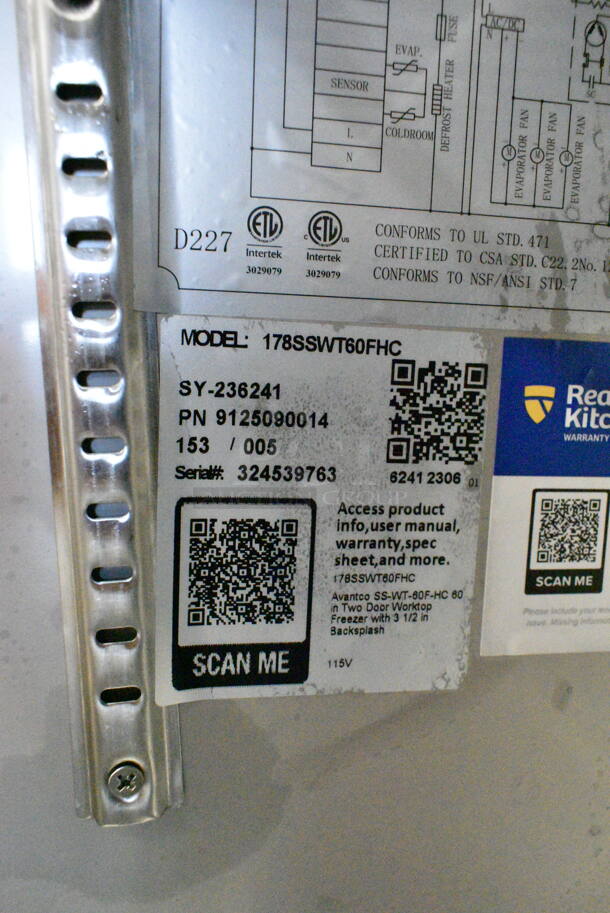 2023 Avantco 178SSWT60FHC Stainless Steel Commercial 2 Door Work Top Cooler on Commercial Casters. 115 Volts, 1 Phase. Tested and Working! - Image 7 of 7