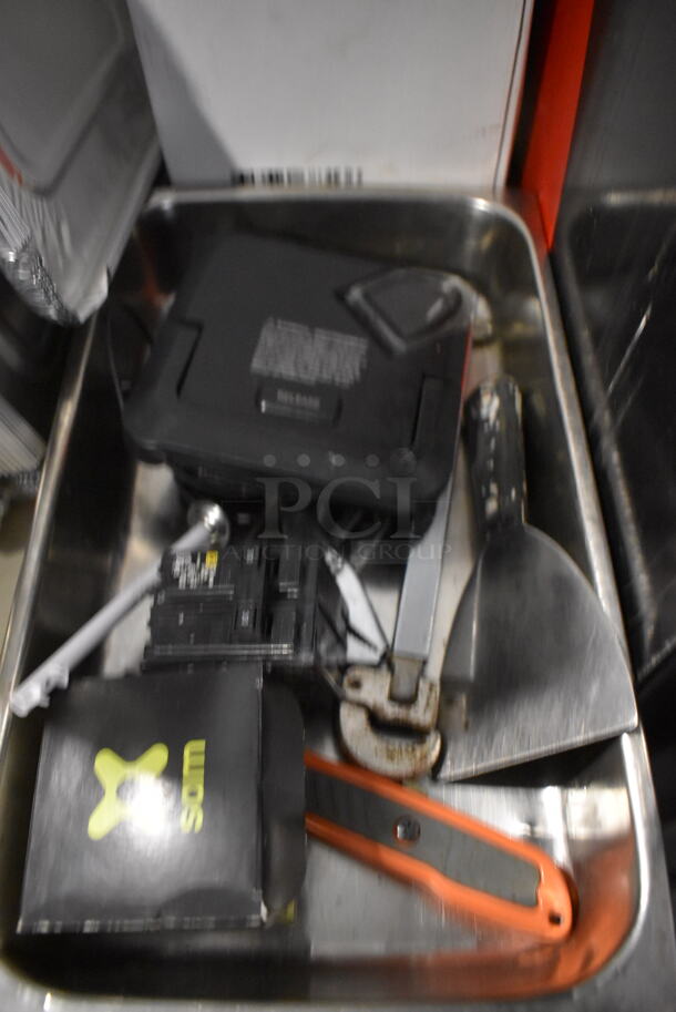 ALL ONE MONEY! Lot of Various Items Under Table Including Poly Silverware Bins, Painting Supplies and Plastic Lids - Image 10 of 12