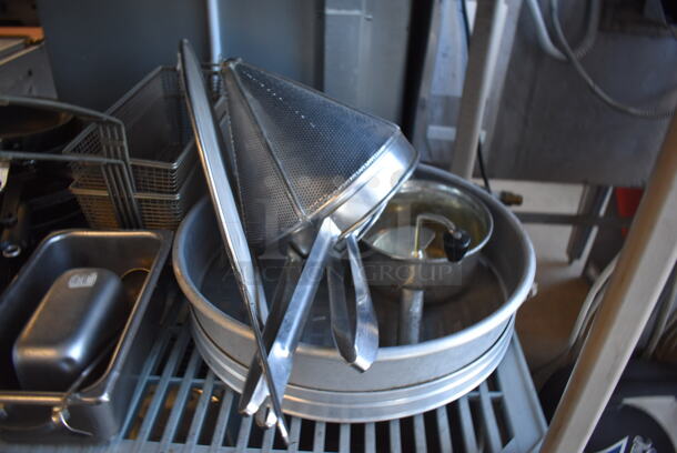 ALL ONE MONEY! Tier Lot of Various Items Including Metal Skillets, Metal Stock Pot, Fry Baskets, China Cap Strainer - Image 3 of 12