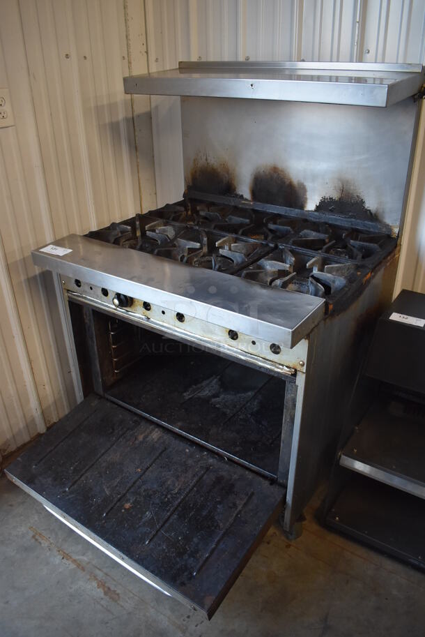 Bakers Pride Stainless Steel Commercial Natural Gas Powered 6 Burner Range w/ Oven, Over Shelf and Back Splash on Commercial Casters. Oven Door Does Not Stay Closed. 36x34x57 - Image 2 of 7