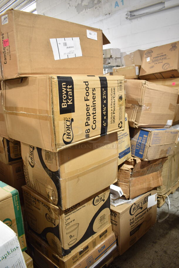 PALLET LOT of 30 BRAND NEW Boxes Including Cambro 12FSP148 Containers, 795PTOKFT8 Microwavable Folded Paper #8 Take-Out Container 6" x 4 5/8" x 2 1/2", 2 Box 500CC16 Choice Clear PET Customizable Plastic Cold Cup - 16 oz. - 1000/Case, 500CC9 Choice 9 oz. Clear PET Customizable Plastic Squat Cold Cup - 1000/Case, 433WHT006 Choice Extra Large Size Grey "Thank You" Medium-Duty Plastic T-Shirt Bag - 450/Case, Dart Clear Straw Slotted Lid, Choice Herringbone Kitchen Towels, 394345L Noble NexGen Powder-Free Disposable Black Hybrid 3 Mil Thick Gloves - Large - 1000/Case, 2 Box 128HD8COMBO ChoiceHD 8 oz. Microwavable Translucent Plastic Deli Container and Lid Combo Pack - 240/Case, 50016C Choice 16 oz. Coffee Print Poly Paper Hot Cup - 1000/Case, 12798 Pacific Blue Dispenser. 30 Times Your Bid!  - Image 1 of 12