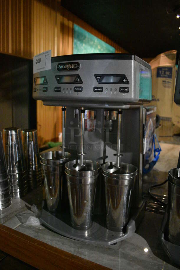 Waring WDM360TX Metal Commercial Countertop 3 Head Drink Mixer w/ 6 Metal Mixing Cups. 120 Volts, 1 Phase. 13x10.5x20. Item Was in Working Condition on Last Day of Business. (bar) - Image 3 of 6
