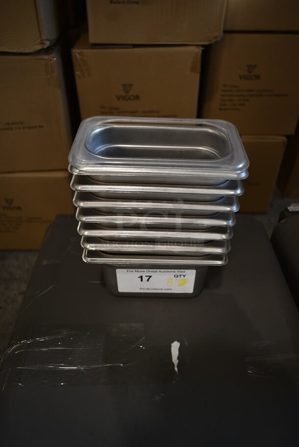 8 1/9 Size Drop In Bins; 7 Stainless Steel and 1 Poly. 8 Times Your Bid!