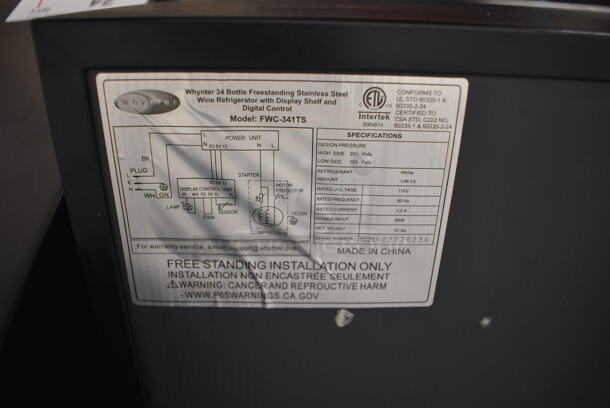 BRAND NEW SCRATCH AND DENT! Whynter FWC-341TS Stainless Steel Commercial Wine Chiller Merchandiser. 115 Volts, 1 Phase. 19x18.5x32. Tested and Working! - Image 4 of 6