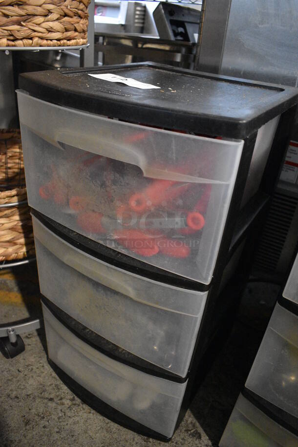 ALL ONE MONEY! Lot of Clear and Black Poly 3 Drawer Cabinet w/ Contents Including Tongs - Image 2 of 5