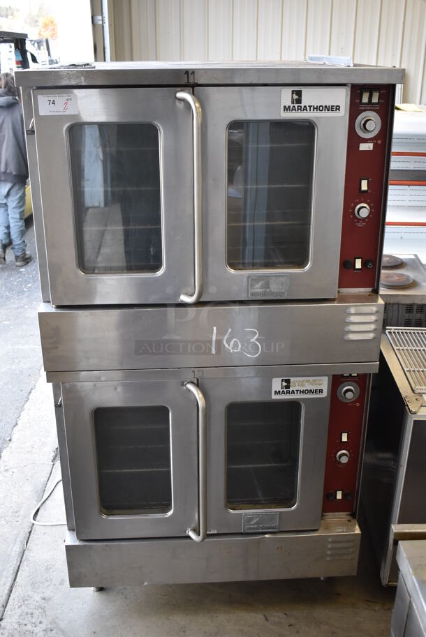2 Southbend Marathoner Stainless Steel Commercial Electric Powered Full Size Convection Ovens w/ View Through Doors, Metal Oven Racks and Thermostatic Controls. 208 Volts, 3 Phase. 40x39x74. 2 Times Your Bid!