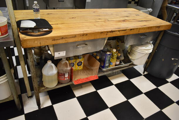 Stainless Steel Commercial Table w/ Butcher Block Tabletop, Drawer and Under Shelf.  Does Not Include Contents. (kitchen)