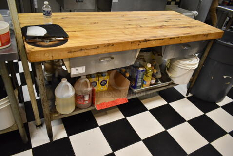 Stainless Steel Commercial Table w/ Butcher Block Tabletop, Drawer and Under Shelf. (kitchen)