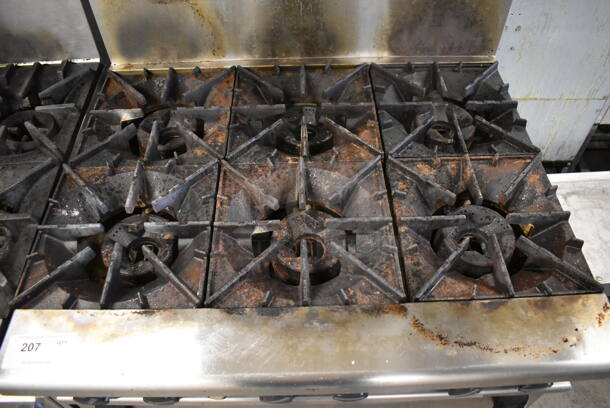 Radiance Stainless Steel Commercial Natural Gas Powered 6 Burner Range w/ Oven, Over Shelf and Back Splash. 36x33x57 - Image 4 of 7