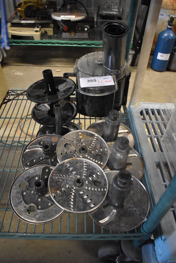 ALL ONE MONEY! Lot of Parts to Food Processor Including 8 Various Blades, 2 Covers and Bowl. Includes 9x10x12 - Image 1 of 6