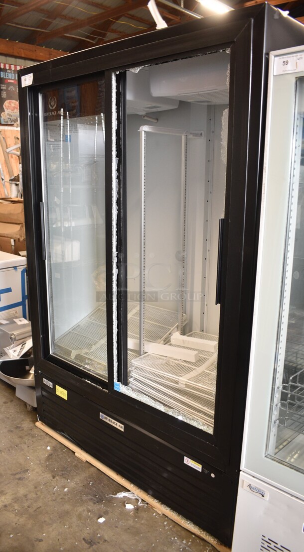 BRAND NEW SCRATCH AND DENT! 2024 Beverage Air MT53-1-SD Metal Commercial 2 Door Reach In Cooler Merchandiser w/ Poly Coated Racks. See Pictures for Broken Glass on Right Door. 115 Volts, 1 Phase. Tested and Seems To Be Working But Cannot Temp Due To Broken Door
 - Image 1 of 7