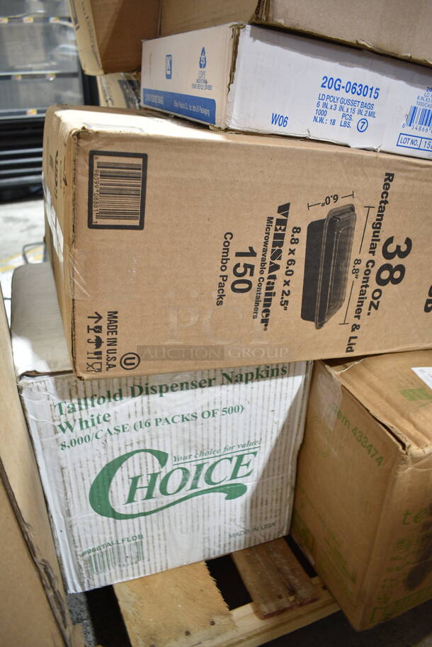 PALLET LOT of 24 BRAND NEW Boxes Including 500CC16 Choice Clear PET Customizable Plastic Cold Cup - 16 oz. - 1000/Case, TP12 Solo Ultra Clear Plastic Cold Cup, 20G-063015 Gusset Bags, Pactiv Newspring NC888B Versatainer Rectangular Container, Choice 6" x 6" x 3" Compostable Sugarcane / Bagasse Take-Out Container, 378W-2000 Cups, 966TALLFLDB Choice White Tall-Fold 6" x 13" Dispenser Napkin - 8000/Case, 129MCS38B Choice 38 oz. Black Rectangular Microwavable Heavy Weight Container with Lid 8 3/4" x 6 1/4" x 2" - 150/Case, 3 Box 129MCS38B Choice 38 oz. Black Rectangular Microwavable Heavy Weight Container with Lid 8 3/4" x 6 1/4" x 2" - 150/Case, 500COLLAR Choice 10-24 oz. Printed Coffee Cup Sleeve / Jacket / Clutch - 1200/Case, Choice 2 oz Portion Cups, Choice 0.75 Portion Cups, 274MOPBCKTGY Lavex 35 qt. Gray Mop Bucket, 433SLINERBL Baker's Lane 16" x 24" Full Size Silicone Coated Parchment Paper Bun / Sheet Pan Liner Sheet - 1000/Case, 612FS7800 Choice Full Size Foil Steam Pan. 24 Times Your Bid! - Image 5 of 12