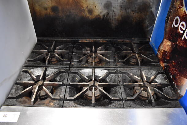 Imperial Stainless Steel Commercial Natural Gas Powered 6 Burner Range w/ Oven, Over Shelf and Back Splash on Commercial Casters. 36x34x57 - Image 3 of 6