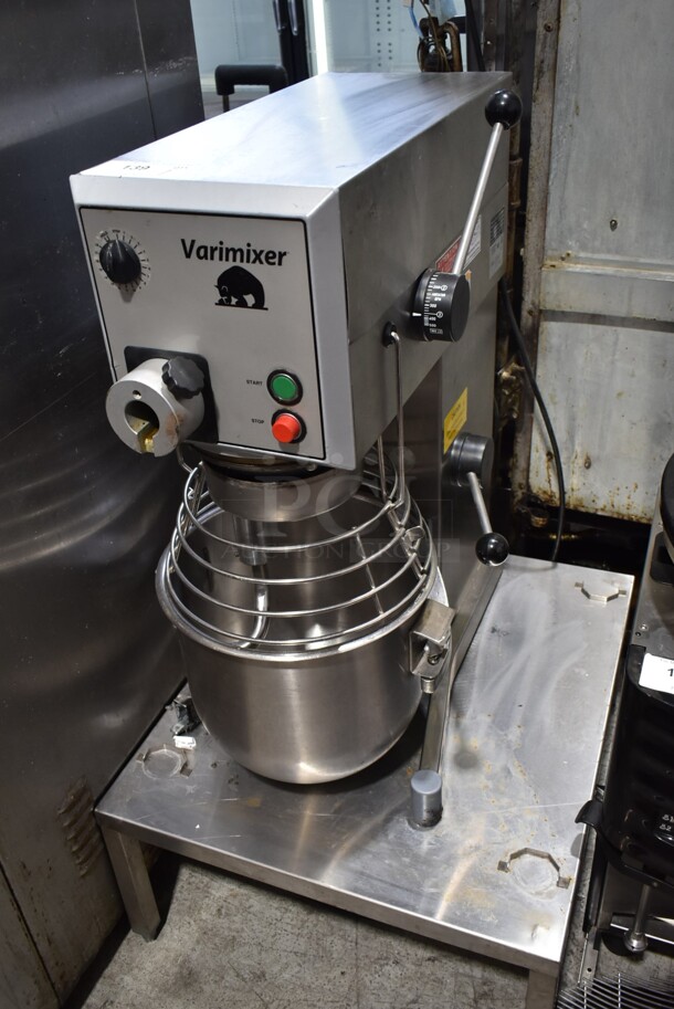 Varimixer W20 Metal Commercial Countertop 20 Quart Planetary Dough Mixer w/ Stainless Steel Mixing Bowl, Bowl Guard and Dough Hook Attachment on Equipment Stand. 110 Volts, 1 Phase. Tested and Working!