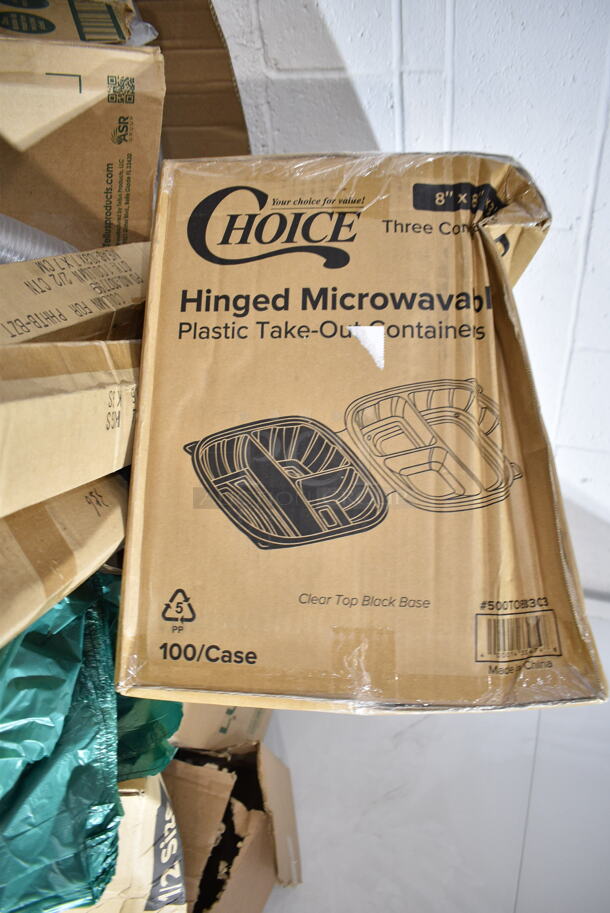 PALLET LOT of 18 BRAND NEW Boxes Including 347TCL5 Choice 5 oz. Clear Disposable Plastic Tumbler - 500/Case, 5002DNAP Choice White 2-Ply Dinner Napkin 17" x 15" - 3000/Case, 612FHL1230 Foil Steam Table Pan Lid, 500TO883C3 Choice 8" x 8" x 3" Microwaveable 3-Compartment Black / Clear Plastic Hinged Container - 100/Case, Noble Gloves, PHHTB-BZT Table Column. 18 Times Your Bid! - Image 7 of 12
