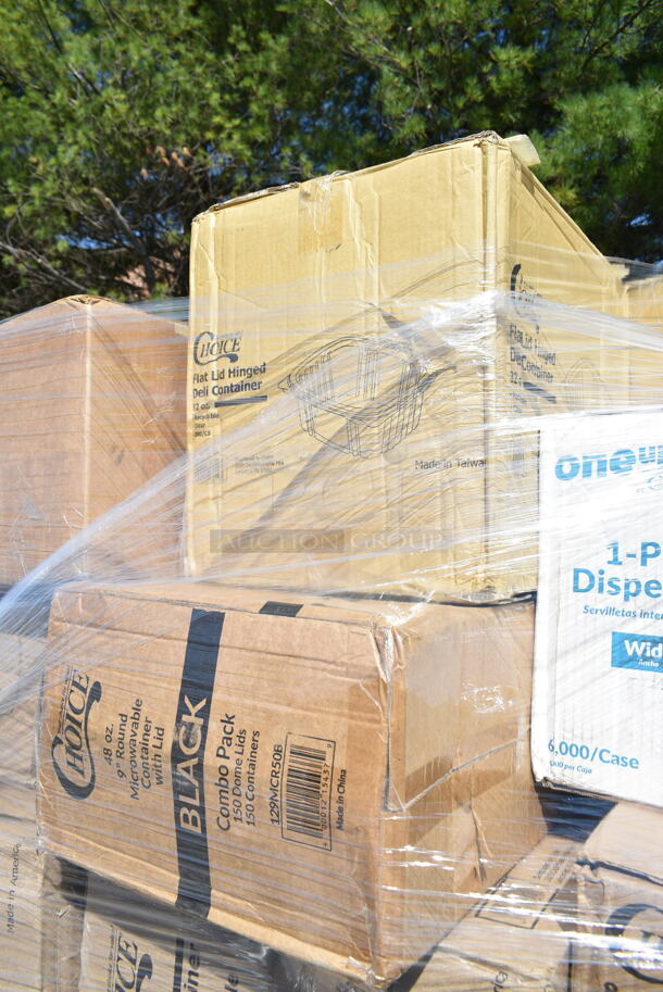 PALLET LOT of 35 BRAND NEW Boxes Including 500TO993C Choice 9" x 9" x 3" Microwaveable 3-Compartment Black / Clear Plastic Hinged Container - 100/Case, 2 box 127RD8BULK Choice 8 oz. Customizable Microwavable Translucent Round Deli Container - 500/Case, 795PTOKFT8 Choice Kraft Microwavable Folded Paper #8 Take-Out Container 6" x 4 3/4" x 2 1/2" - 300/Case, 966UPWIDEKF1-500 OneUp by Choice Kraft 1-Ply Wide Interfold 6 1/2" x 8 1/2" Dispenser Napkin - 6000/Case, 5014046 Lavex Pro 45 Gallon 3 Mil 40" x 46" Low Density Heavy-Duty Industrial Contractor Black Trash Bag / Can Liner - 50/Case, 127CH32 Choice 32 oz. Clear RPET Hinged Deli Container - 200/Case, 127DM12BULK Choice 12 oz. Ultra Clear PET Plastic Round Deli Container - 500/Case, 433NHT101 Choice 1/6 Standard Size White "Thank You" Standard-Duty Plastic T-Shirt Bag - 700/Case, 3 Box Inteplast Group PB060315H Get Reddi 6" x 3" x 15" Heavy Duty Plastic Food Bag - 1000/Case, 9991LBCBWWH Choice 4 1/4" x 9 3/4" 1 lb. White Customizable Tin Tie Cookie / Coffee / Donut Bag with Window - 100/Pack. 35 Times Your Bid!  - Image 7 of 12
