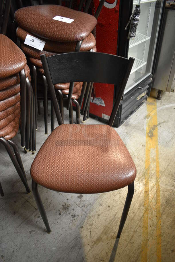 6 Dark Brown Wood Pattern Dining Chairs w/ Weaved Brown Seat Cushion. Stock Picture - Cosmetic Condition May Vary. 17x16x32. 6 Times Your Bid!