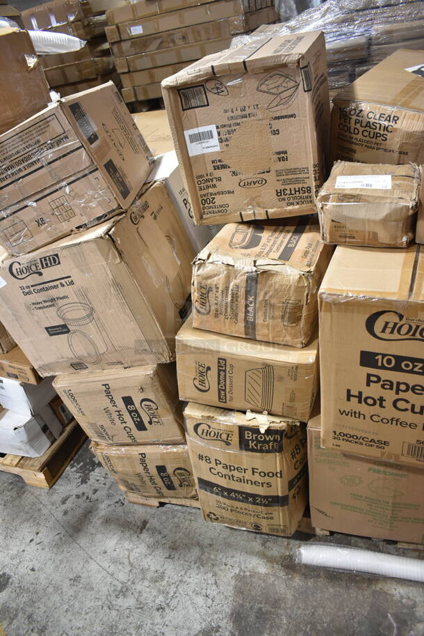 PALLET LOT of 19 BRAND NEW Boxes Including 128HD32COMBO ChoiceHD 32 oz. Microwavable Translucent Plastic Deli Container and Lid Combo Pack - 240/Case, X8 Dart Trophy Plus Cups, 2 Box 5008W Choice 8 oz. Tall White Poly Paper Hot Cup - 1000/Case, 795PTOKFT8 Microwavable Folded Paper #8 Take-Out Container 6" x 4 5/8" x 2 1/2", 760PICLWDOME Choice 5-12 oz. Clear Plastic Low Dome Lid, No Hole - 1000/Case, 129MCS242CB Choice 30 oz. Black 8 3/4" x 6" x 2 3/4" 2-Compartment Rectangular Microwavable Heavy Weight Container with Lid - 150/Case, 85HT3R Dart Foam Container, 164TS1000 Lancaster Table & Seating 10" Cast Iron Table Base Spider, 50010C Choice 10 oz. Coffee Print Poly Paper Hot Cup - 1000/Case. 19 Times Your Bid! - Image 1 of 9