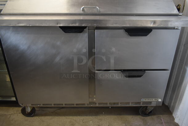 Beverage Air Stainless Steel Commercial Sandwich Salad Prep Table Bain Marie Mega Top w/ 2 Drawers and Door on Commercial Casters. 115 Volts, 1 Phase. Tested and Powers On But Does Not Get Cold - Image 3 of 7