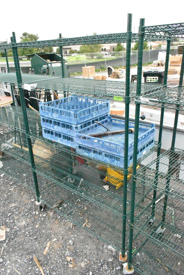 Green Finish 5 Tier Wire Shelving Unit on Commercial Casters w/ Contents Including Dish Caddies. BUYER MUST DISMANTLE. PCI CANNOT DISMANTLE FOR SHIPPING. PLEASE CONSIDER FREIGHT CHARGES.  - Image 1 of 8