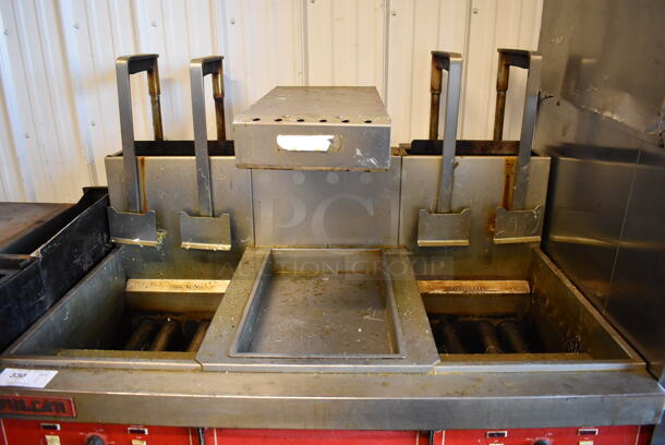 Vulcan 30RD45 Stainless Steel Commercial Floor Style Natural Gas Powered 2 Bay Deep Fat Fryer w/ Center Dumping Station on Commercial Casters. Missing Caster. 240,000 BTU. 47x35x58 - Image 4 of 12