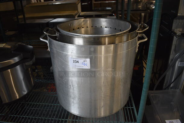 4 Various Metal Items; 3 Stock Pots and 1 Steam Pot. Includes 25x21x18. 4 Times Your Bid!