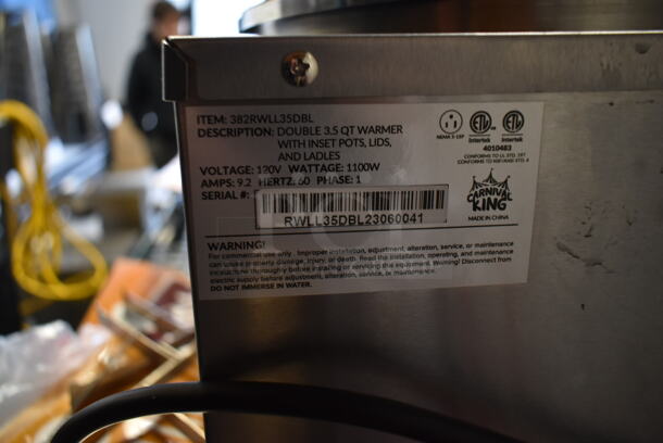 BRAND NEW SCRATCH AND DENT! Carnival King RWS35DBL Stainless Steel Commercial Double 3.5 Qt. Warmer with Lids. 120 Volts, 1 Phase. Tested and Working! - Image 6 of 6