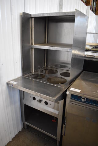 General Stainless Steel Commercial Natural Gas Powered Steam Table w/ Over Shelf and Under Shelf. 26.5x35x69